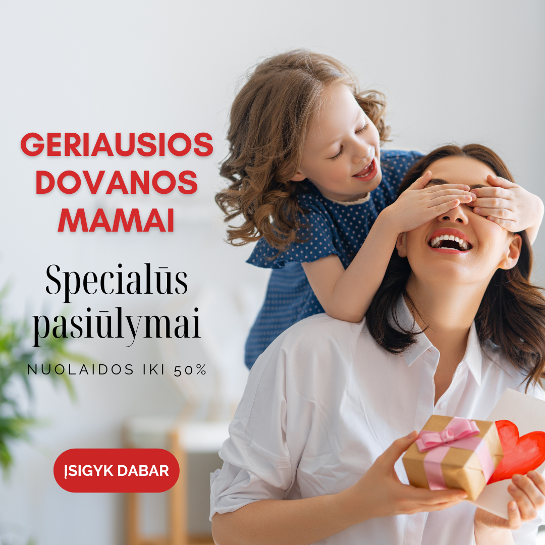 Maža mergaitė dovanoja dovaną mamai Motinos dienos proga – išskirtinės dovanos mamai iš Grace.lt: šilkinės skarelės, mulberry šilko užvalkalai, ortopedinės pagalvės ir lininiai užvalkalai.