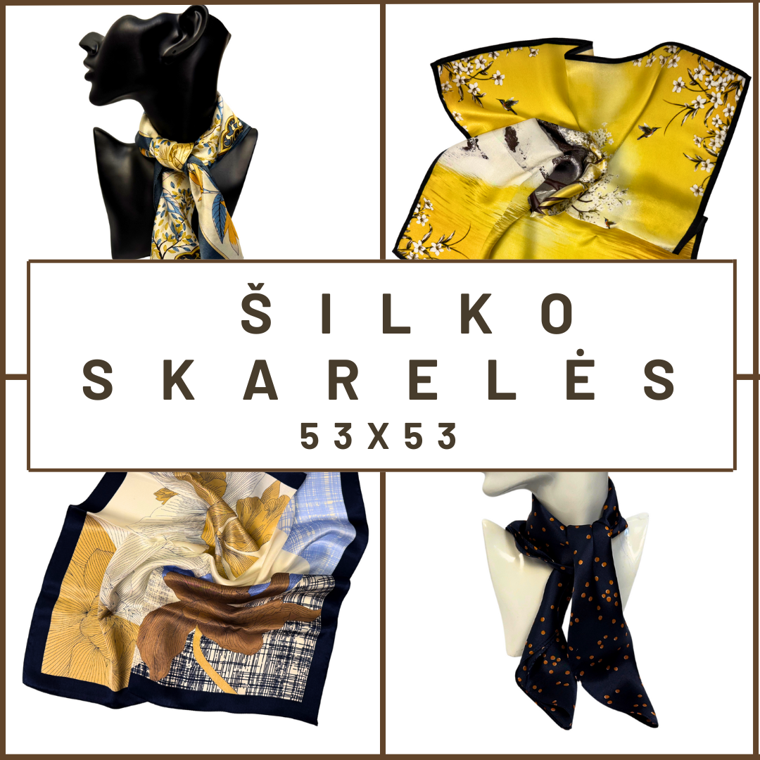 Šilko skarelių kolekcija 53×53, įvairūs gėlių ir ornamentiniai raštai, elegantiškas stilius