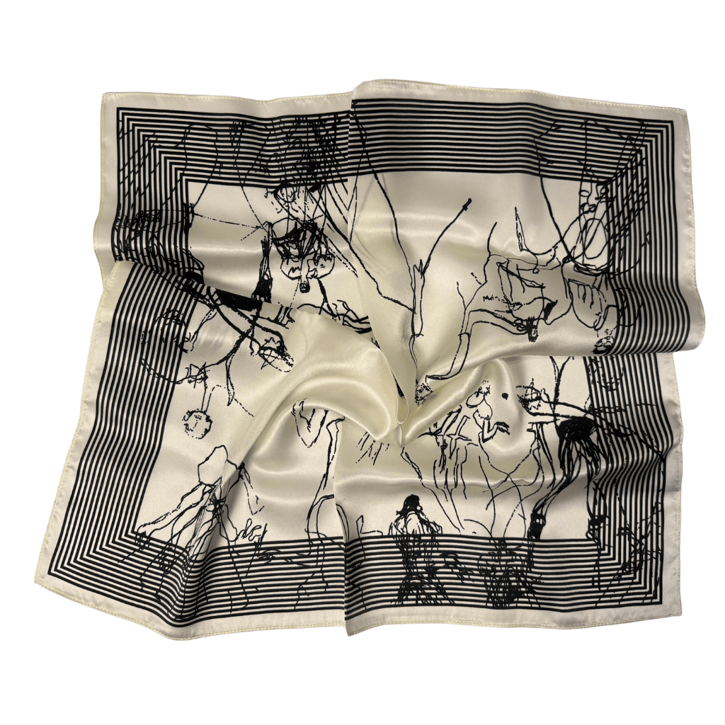 Išskleista šilkinė skarelė Stilius-C63 – 53x53 cm, abstraktus linijinis piešinys ir grafiška juostelė