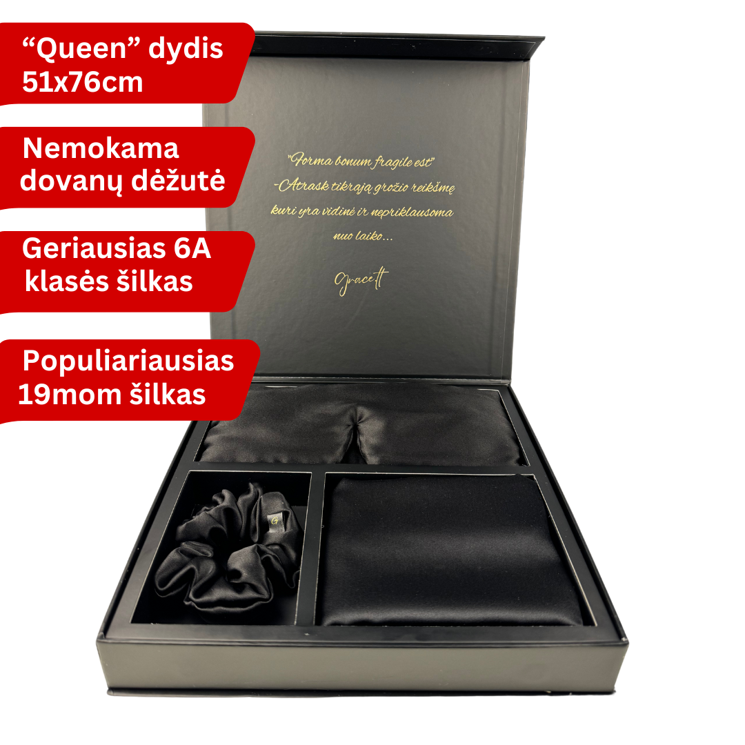 Šilkinis pagalvės užvalkalas, šilkiniai miego akiniai, šilkinė plaukų gumytė, rinkinys