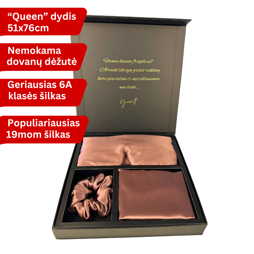 Šilkinis pagalvės užvalkalas, šilkiniai miego akiniai, šilkinė plaukų gumytė, rinkinys
