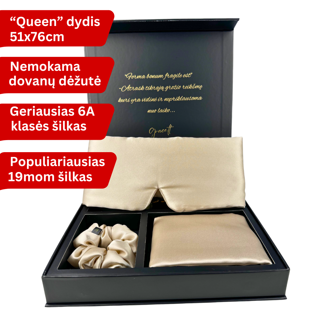 Šilkinis pagalvės užvalkalas, šilkiniai miego akiniai, šilkinė plaukų gumytė, rinkinys