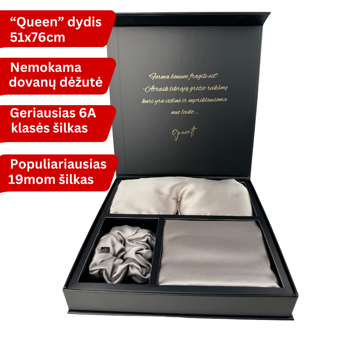 Šilkinis pagalvės užvalkalas, šilkiniai miego akiniai, šilkinė plaukų gumytė, rinkinys