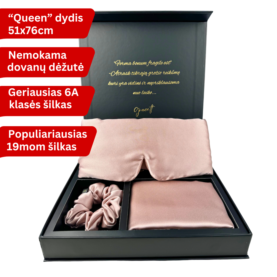 Šilkinis pagalvės užvalkalas, šilkiniai miego akiniai, šilkinė plaukų gumytė, rinkinys