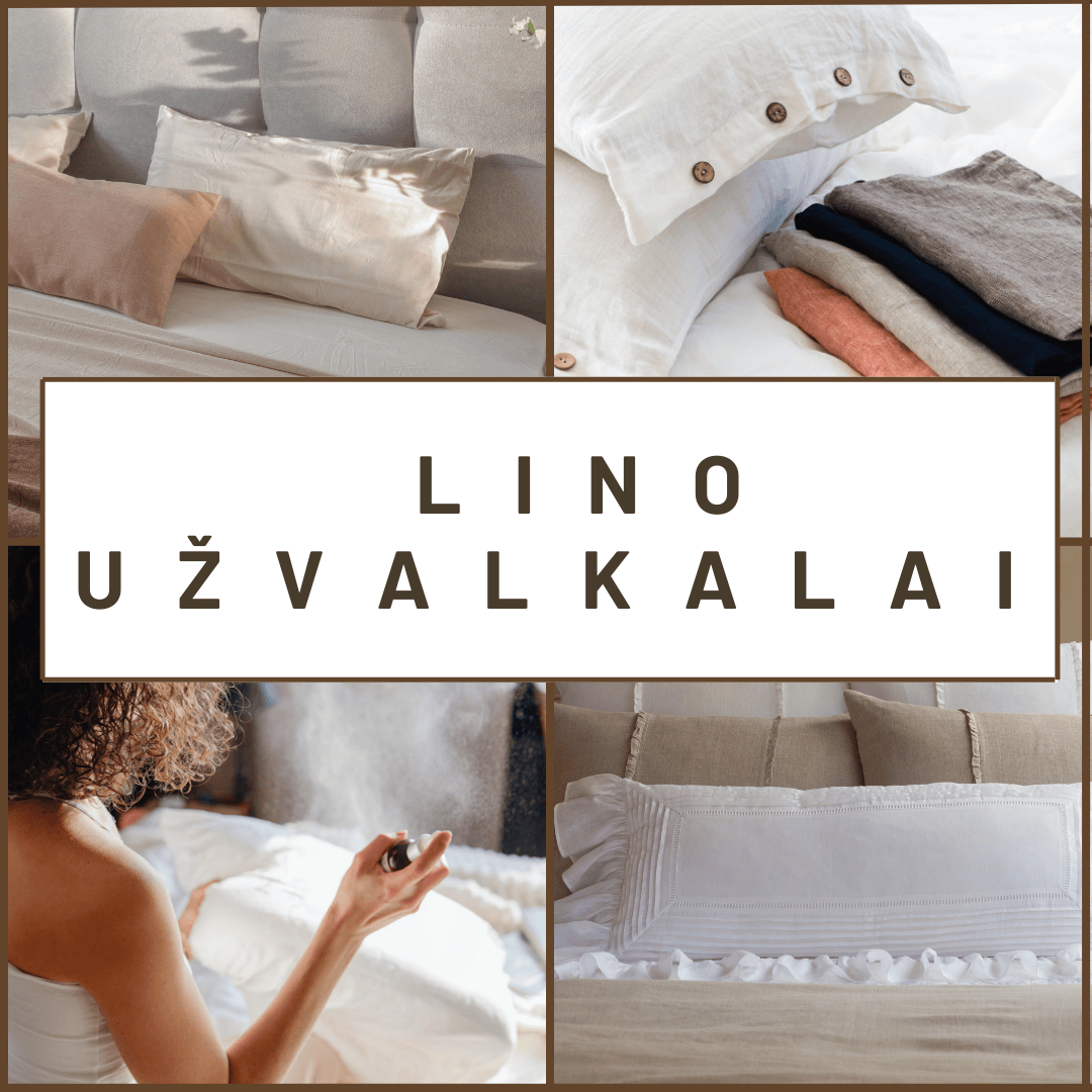 Smėlio spalvos lino pagalvės užvalkalai ant lovos, natūralus interjeras