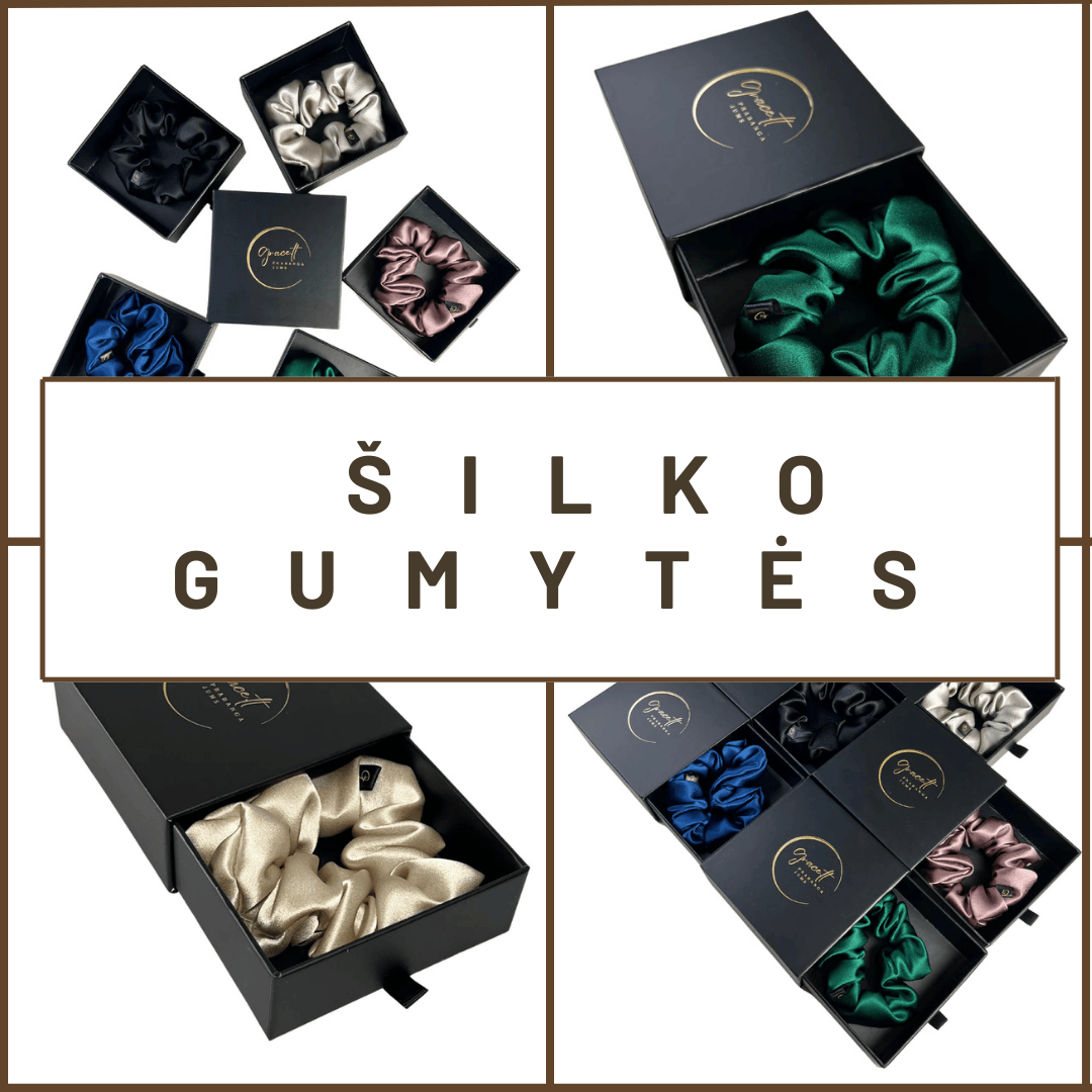 Šilko gumyčių kolekcija, įvairių spalvų scrunchies elegantiškose juodose dėžutėse