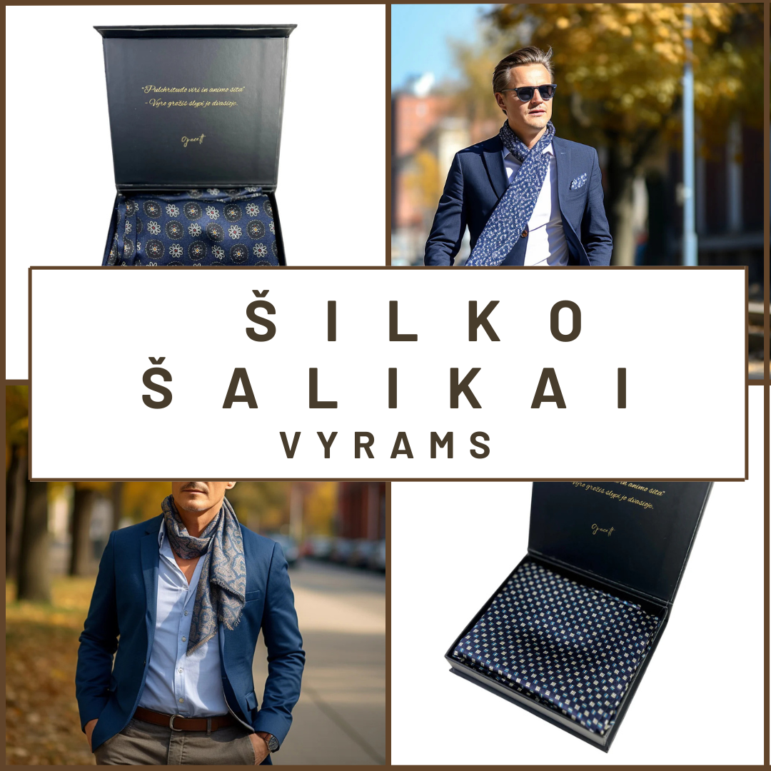 Šilkinis šalikas vyrams, mėlynas su ornamentiniu raštu, derinamas prie švarko