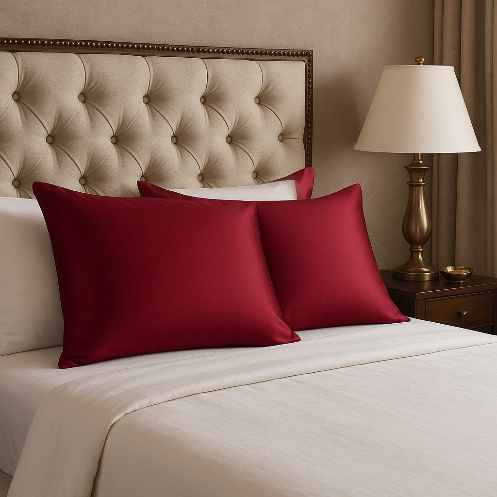 Dvi burgundiškos šilko pagalvės ant lovos prabangiame klasikiniame interjere