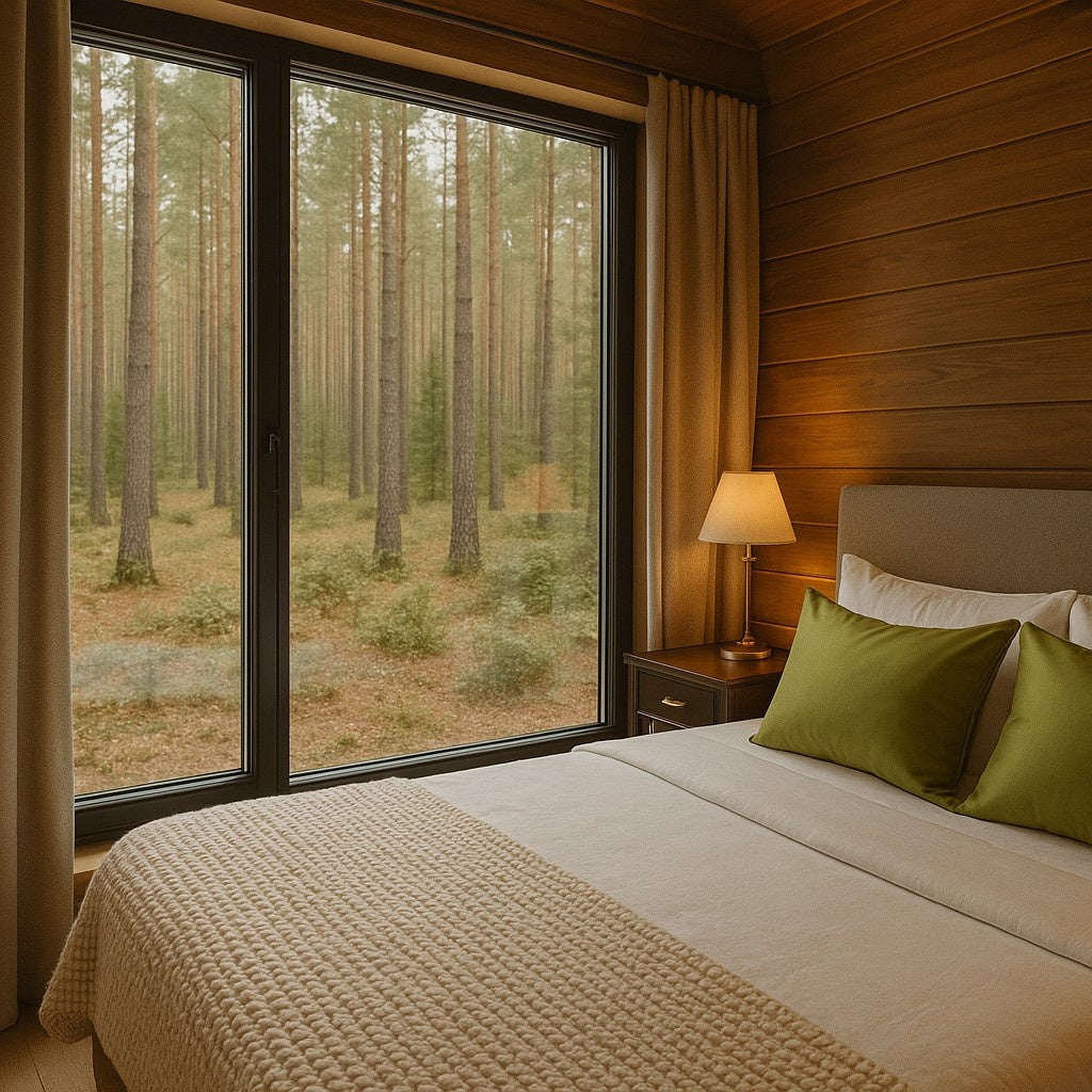 Samanų žalios šilko pagalvės šiltame, natūralaus medžio interjere