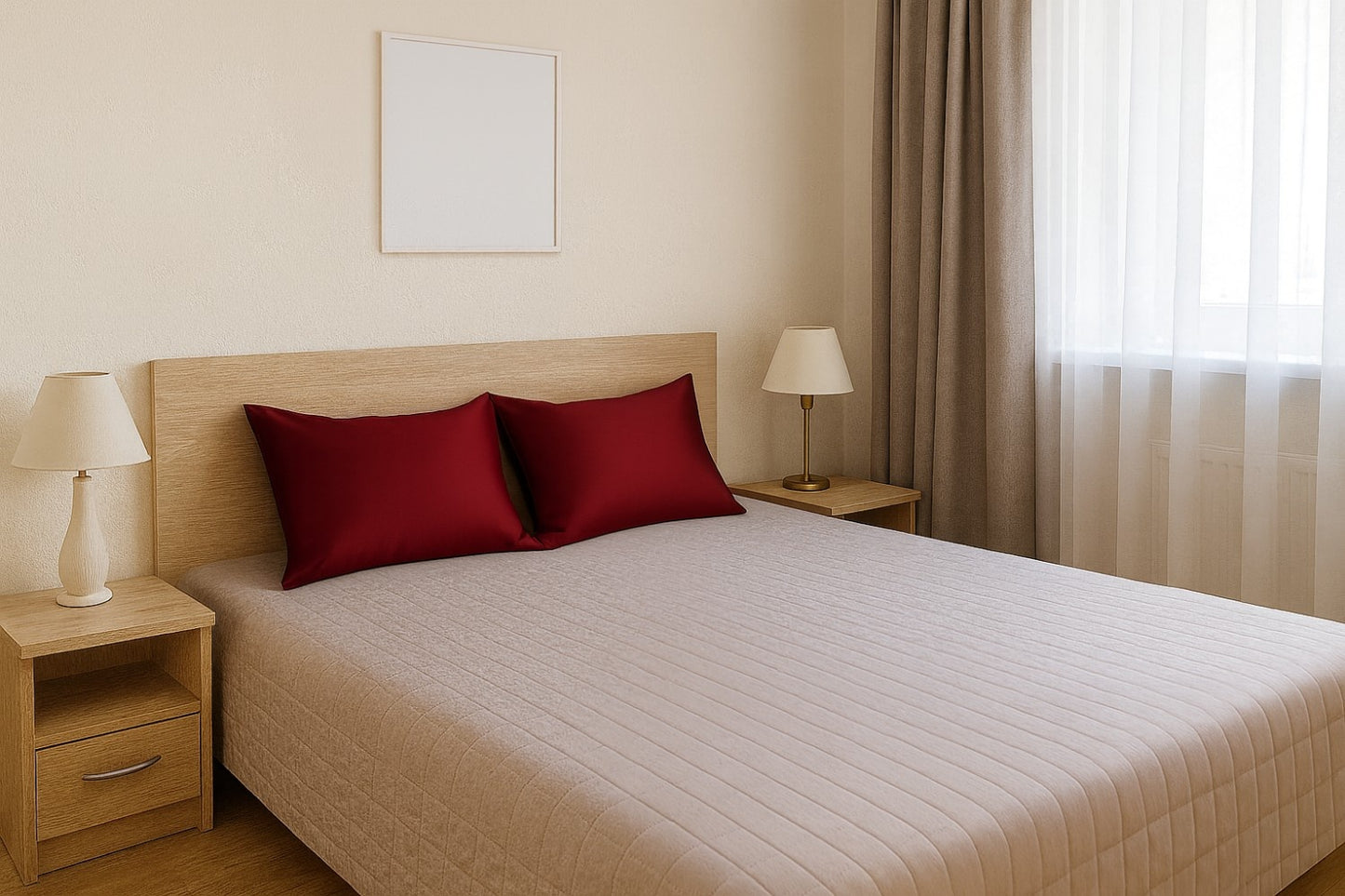 Burgundiški šilko pagalvių užvalkalai šviesiame minimalistiniame miegamajame