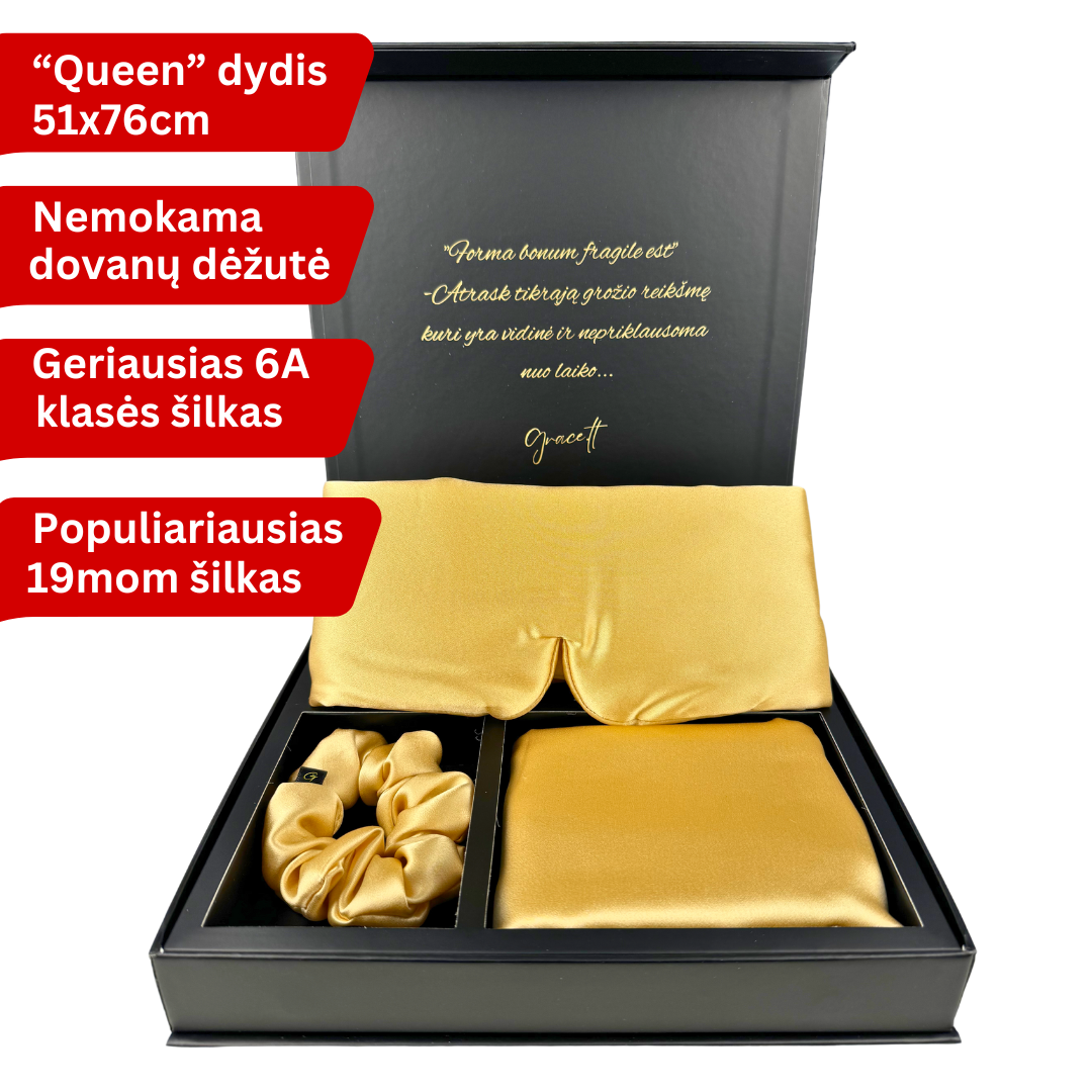 Šilkinis pagalvės užvalkalas, šilkiniai miego akiniai, šilkinė plaukų gumytė, rinkinys