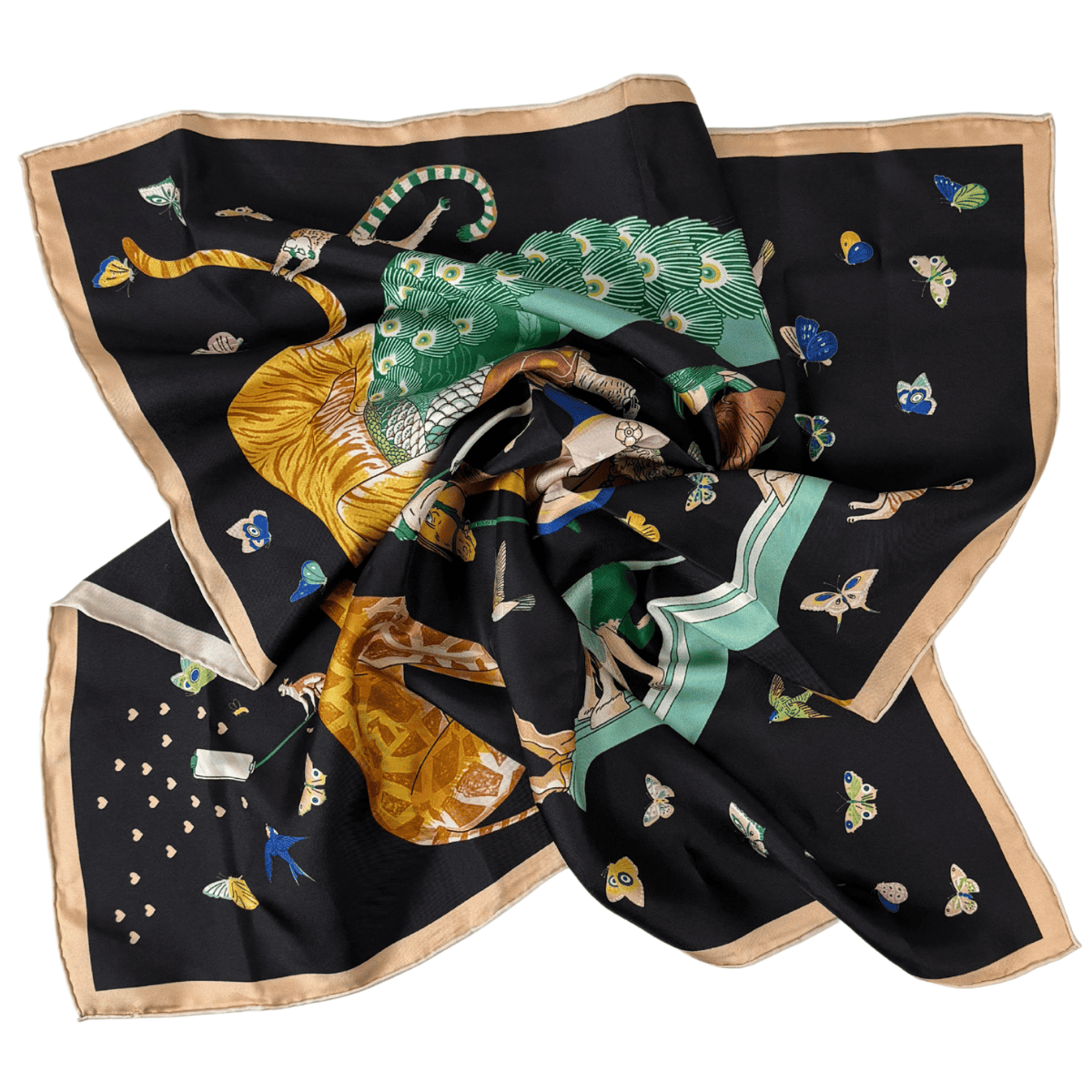 Šilkinė skarelė iš Mulberry šilko tvilio, juodas fonas, meninis raštas, susukta klostėmis