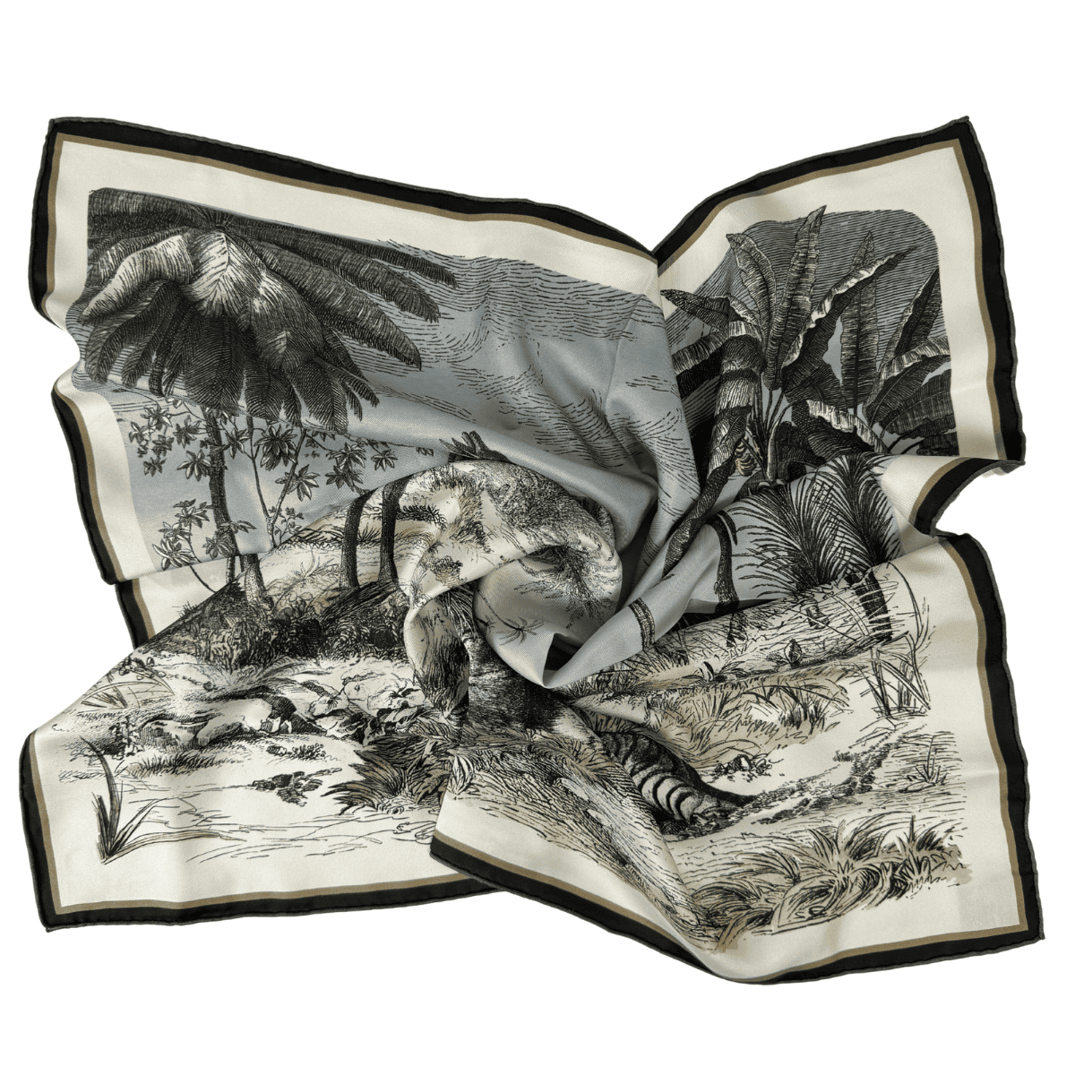 Šilkinė skarelė iš Mulberry šilko tvilio, klasikinis piešinio raštas, susukta minkštomis klostėmis