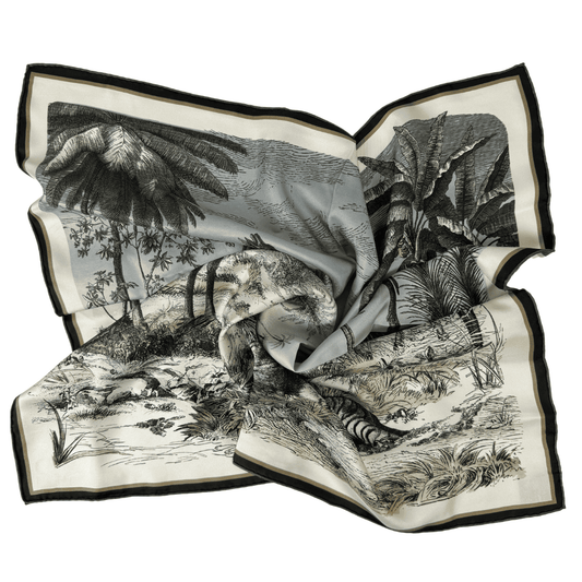 Šilkinė skarelė iš Mulberry šilko tvilio, klasikinis piešinio raštas, susukta minkštomis klostėmis