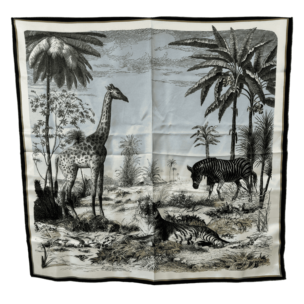 Šilko skarelė 70×70, pilkai juodas fonas, žirafa, zebra ir tigras, plokščias kadras