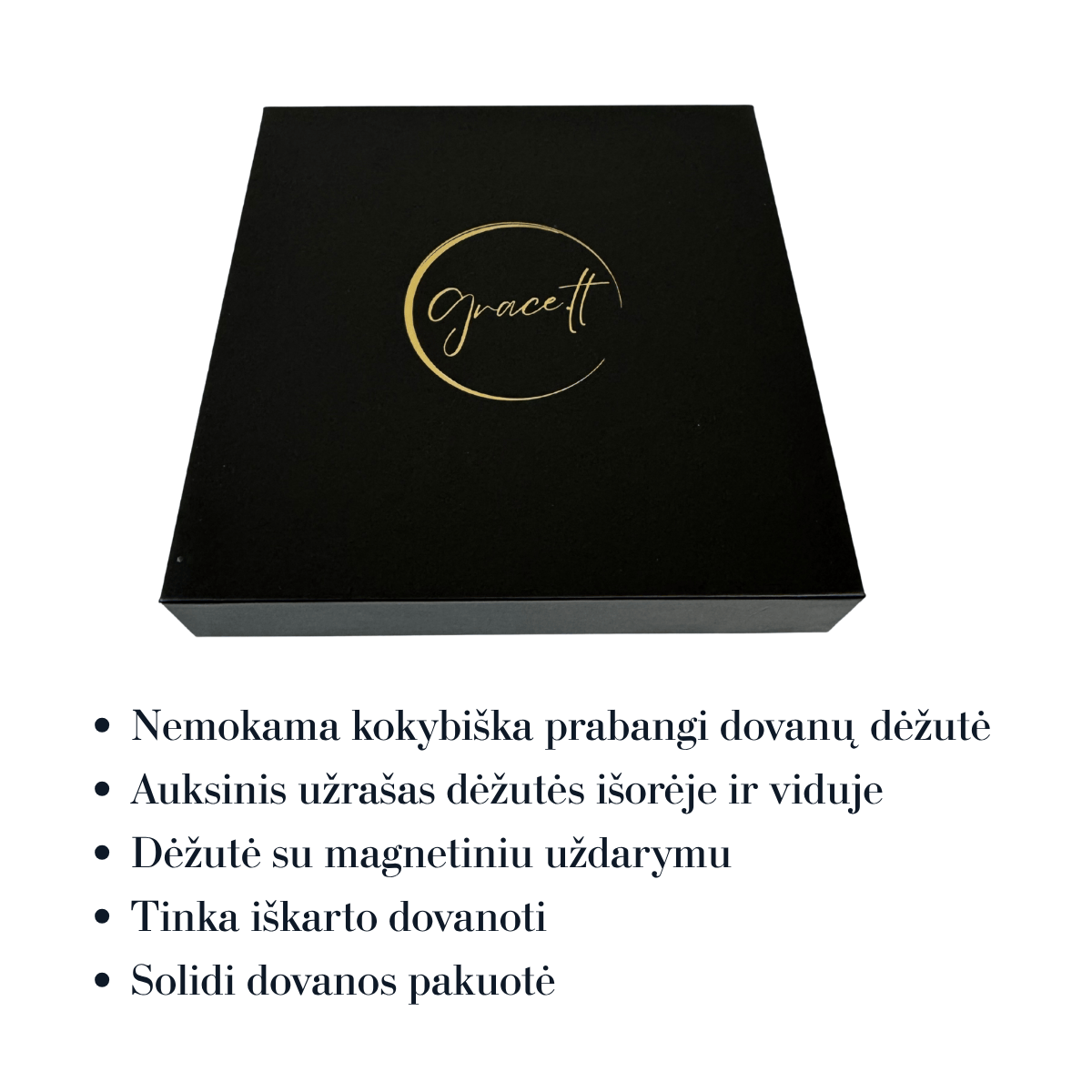 Juoda dovanų dėžutė su auksiniu „Grace.lt“ logotipu, prabangi pakuotė