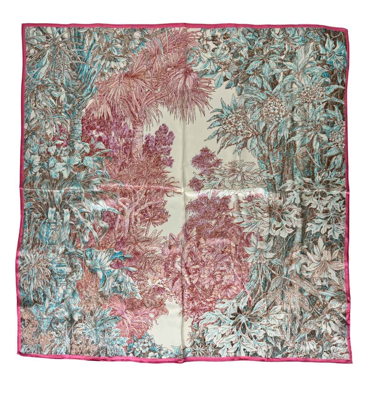 Kreminė 100 % Mulberry šilko skarelė 85x85 cm – visas tropinio sodo graviūros raštas su rožiniu krašteliu