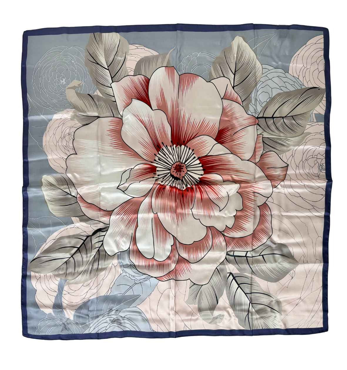 Šviesiai rožinė 100 % Mulberry šilko skarelė 85x85 cm – visas didelio bijūno raštas su tamsiai mėlynu krašteliu
