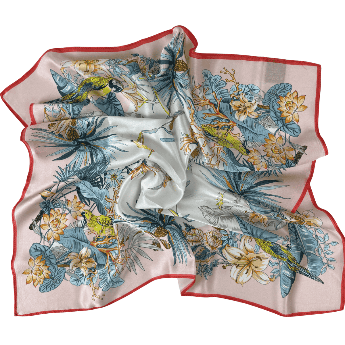 Šilkinė skarelė 70×70, šviesiai rožinis fonas, egzotiniai paukščiai ir gėlės, išskleista klostėmis

