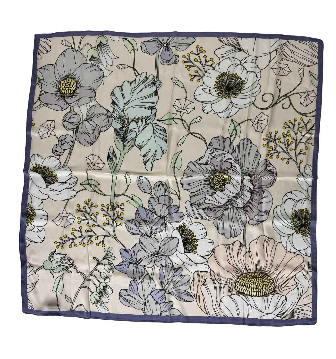 Smėlinė 100 % Mulberry šilko skarelė 85x85 cm – visas švelnių gėlių raštas su violetiniu krašteliu