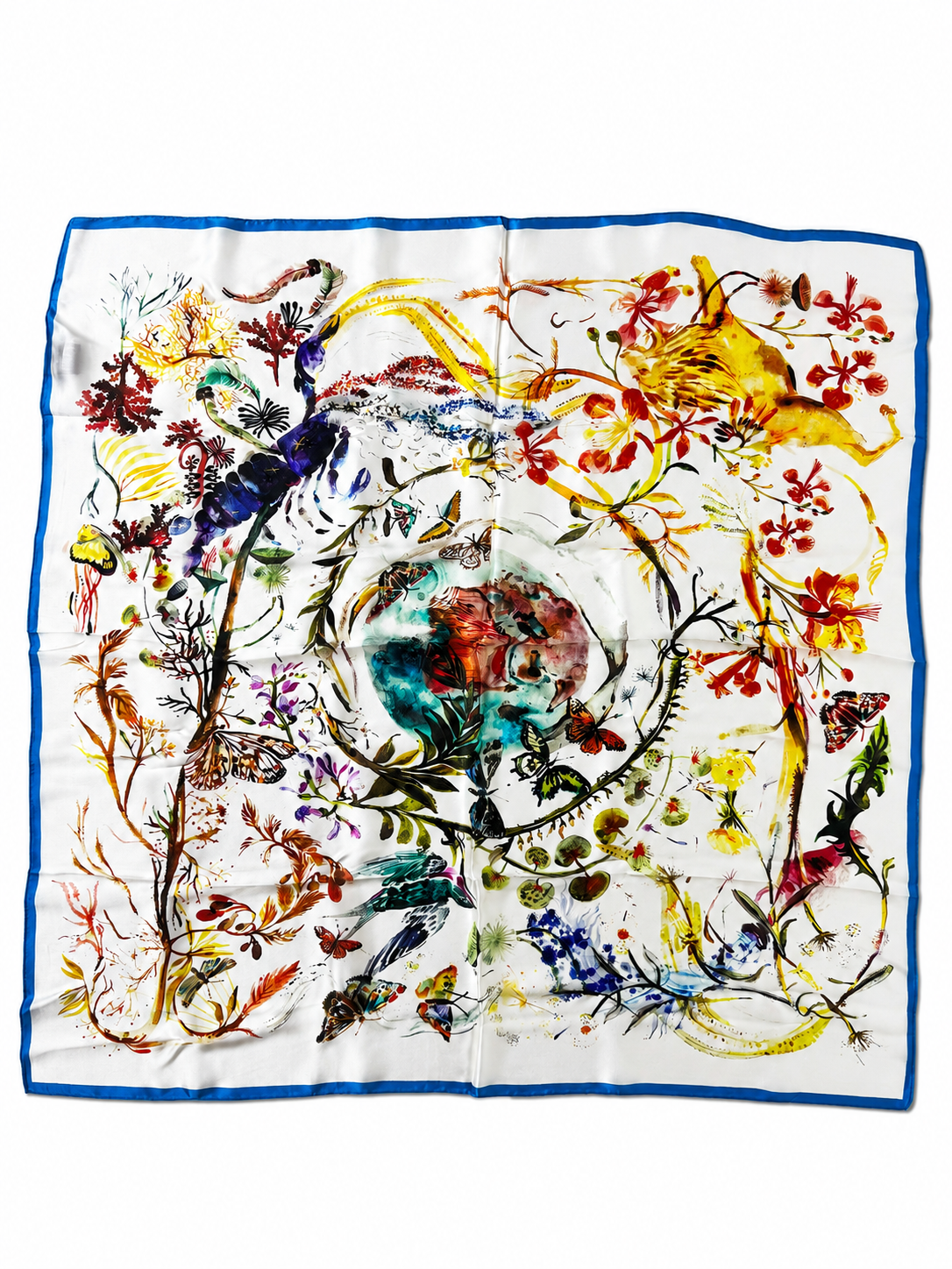 Spalvota 100 % Mulberry šilko skarelė 85x85 cm – visas gėlių ir drugelių raštas